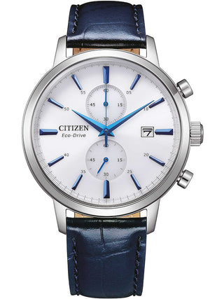 Front view of Citizen Of Collection Chronograph CA7069-16A White Dial Black Leather Unisex Watch on white background