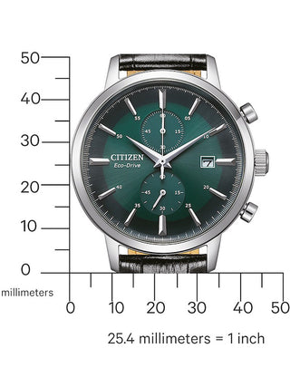 Angle shot of Citizen Of Collection Chronograph CA7069-24X Green Dial Black Leather Unisex Watch on white background