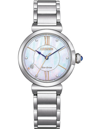 Front view of Citizen EM1070-83D Mother Of Pearl Dial Silver Stainless Steel Womens Watch on white background
