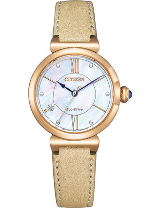 Front view of Citizen EM1073-18D Mother Of Pearl Dial Beige Leather Womens Watch on white background