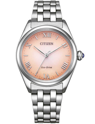 Front view of Citizen EM1140-80X Red Dial Silver Stainless Steel Womens Watch on white background