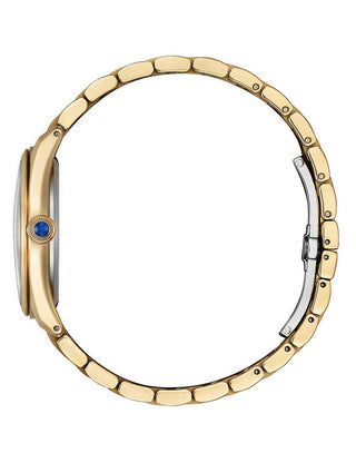 Angle shot of Citizen EM1143-81X Blue Dial Gold Stainless Steel Womens Watch on white background