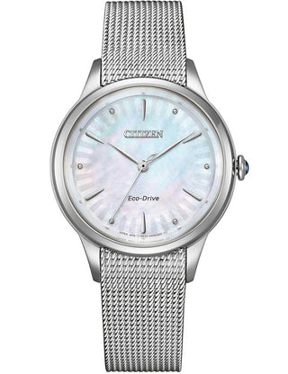 Front view of Citizen EM1150-86D Mother Of Pearl Dial Silver Stainless Steel Womens Watch on white background