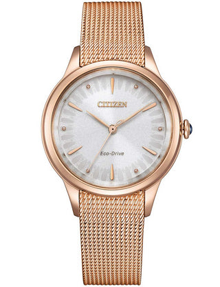 Front view of Citizen EM1153-88A Silver Dial Rose Gold Stainless Steel Womens Watch on white background