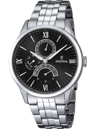 Front view of Festina F16822/4 Black Dial Silver Stainless Steel Unisex Watch on white background