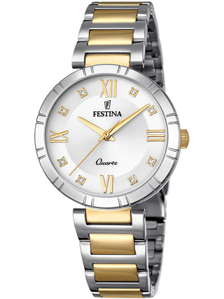 Front view of Festina F16937/A White Dial Gold Stainless Steel Womens Watch on white background