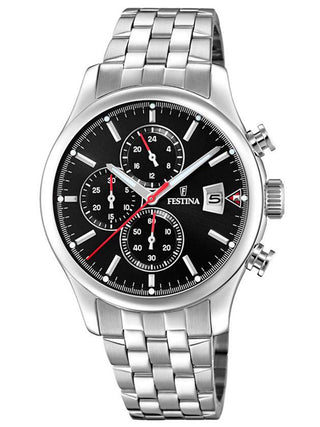 Front view of Festina Chronograph F20374/3 Black Dial Silver Stainless Steel Unisex Watch on white background