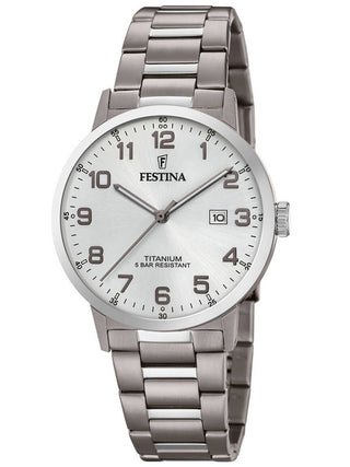 Front view of Festina F20435/1 Silver Dial Grey Titanium Unisex Watch on white background