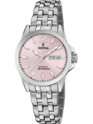 Front view of Festina F20455/2 Pink Dial Silver Stainless Steel Womens Watch on white background