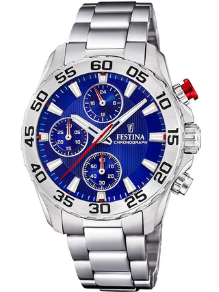 Front view of Festina Chronograph F20457/2 Blue Dial Silver Stainless Steel Unisex Watch on white background