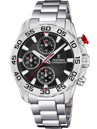 Front view of Festina Chronograph F20457/3 Black Dial Silver Stainless Steel Unisex Watch on white background