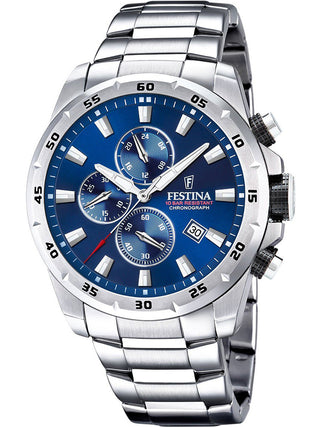 Front view of Festina Chronograph F20463/2 Blue Dial Silver Stainless Steel Unisex Watch on white background