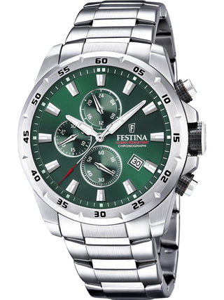 Front view of Festina Chronograph F20463/3 Green Dial Silver Stainless Steel Unisex Watch on white background