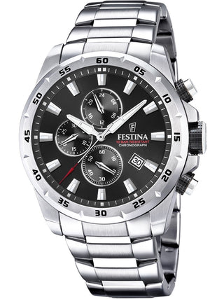 Front view of Festina Chronograph F20463/4 Black Dial Silver Stainless Steel Unisex Watch on white background