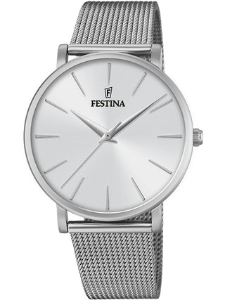 Front view of Festina F20475/1 White Dial Silver Stainless Steel Womens Watch on white background