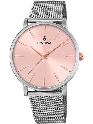 Front view of Festina F20475/2 Pink Dial Silver Stainless Steel Womens Watch on white background