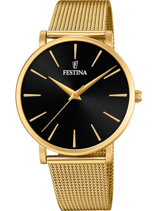 Front view of Festina F20476/2 Black Dial Gold Stainless Steel Womens Watch on white background