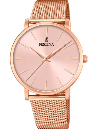 Front view of Festina F20477/1 Pink Dial Rose Gold Stainless Steel Womens Watch on white background