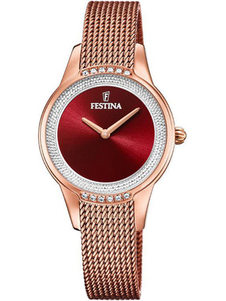 Front view of Festina F20496/1 Red Dial Rose Gold Stainless Steel Womens Watch on white background