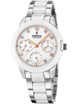 Front view of Festina F20497/1 White Dial Silver Strap Womens Watch on white background