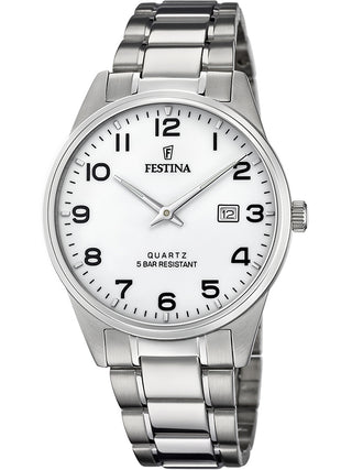 Front view of Festina F20511/1 White Dial Silver Stainless Steel Unisex Watch on white background