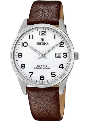 Front view of Festina F20512/1 White Dial Brown Leather Unisex Watch on white background