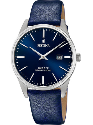 Front view of Festina F20512/3 Blue Leather Unisex Watch on white background