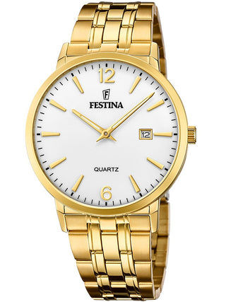 Front view of Festina F20513/2 White Dial Gold Stainless Steel Unisex Watch on white background