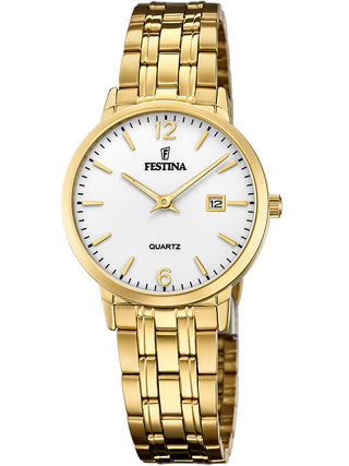 Front view of Festina F20514/2 White Dial Gold Stainless Steel Womens Watch on white background