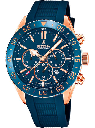 Front view of Festina Chronograph F20516/1 Blue Silicone Unisex Watch on white background