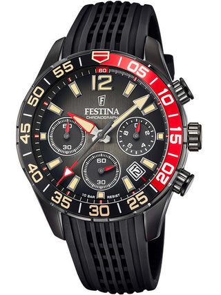 Front view of Festina Chronograph F20518/3 Black Silicone Unisex Watch on white background