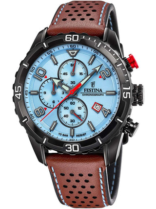 Front view of Festina Chronograph F20519/1 Blue Dial Brown Stainless Steel Unisex Watch on white background