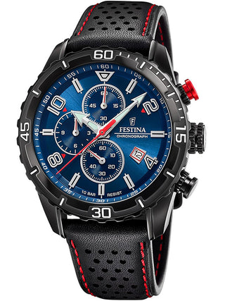 Front view of Festina Chronograph F20519/2 Blue Dial Black Leather Unisex Watch on white background