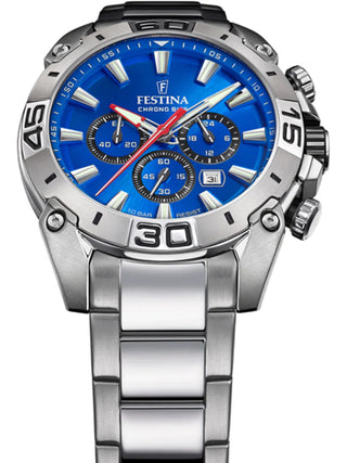 Angle shot of Festina Chronograph F20543/2 Blue Dial Silver Stainless Steel Unisex Watch on white background