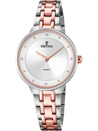 Front view of Festina F20626/1 Silver Dial Rose Gold Stainless Steel Womens Watch on white background