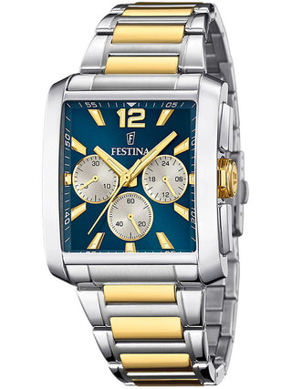 Front view of Festina Chronograph F20637/6 Blue Dial Gold Stainless Steel Unisex Watch on white background