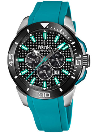 Front view of Festina Chronograph F20642/3 Black Dial Green Silicone Unisex Watch on white background