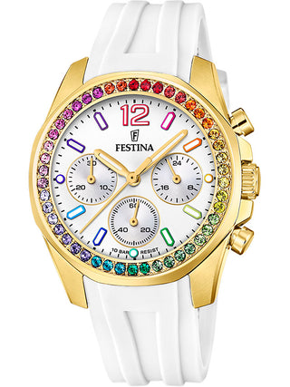 Front view of Festina Chronograph F20650/2 Silver Dial White Silicone Womens Watch on white background