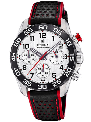 Front view of Festina Chronograph F20458/1 Silver Dial Black Leather Unisex Watch on white background