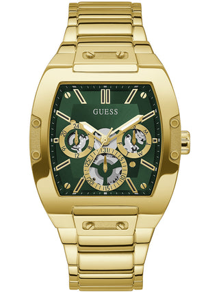 Front view of Guess Phoenix GW0456G3 Green Dial Gold Stainless Steel Unisex Watch on white background