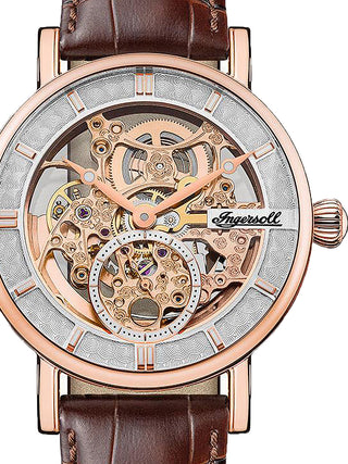 Front view of Ingersoll 1892 I00401B Rose Gold Dial Brown Leather Unisex Watch on white background