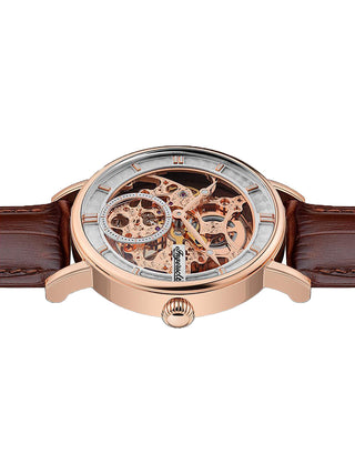 Angle shot of Ingersoll 1892 I00401B Rose Gold Dial Brown Leather Unisex Watch on white background