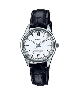 Front view of Casio Collection LTP-V005L-7B2 White Dial Black Leather Womens Watch on white background