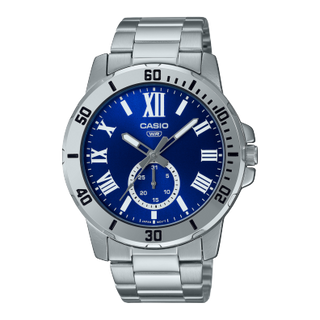 Front view of Casio Collection MTP-VD200D-2B Blue Dial Grey Stainless Steel Mens Watch on white background