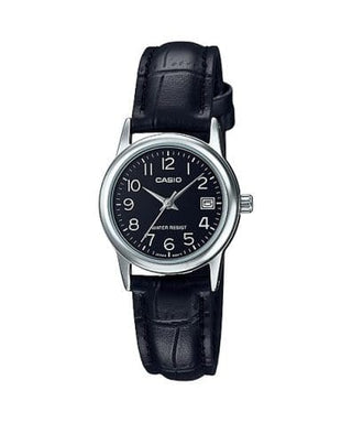 Front view of Casio Collection LTP-V002L-1B Black Leather Womens Watch on white background