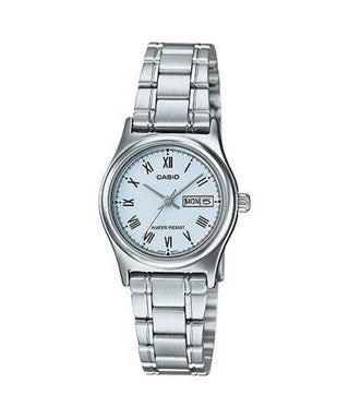 Front view of Casio Collection LTP-V006D-2B Grey Stainless Steel Womens Watch on white background