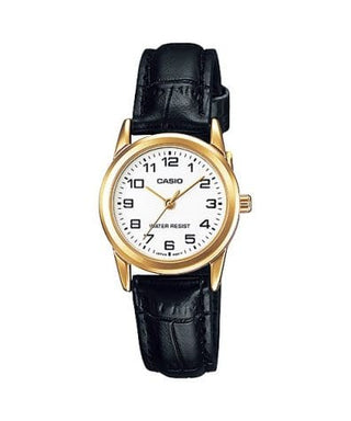 Front view of Casio Collection LTP-V001GL-7B White Dial Black Leather Womens Watch on white background