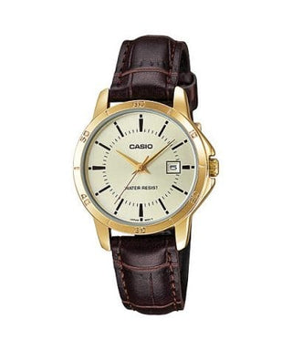 Front view of Casio Collection LTP-V004GL-9A Brown Leather Womens Watch on white background