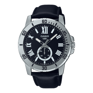 Front view of Casio Collection MTP-VD200L-1B Black Leather Mens Watch on white background