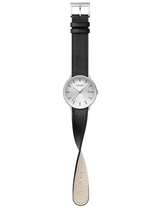 Angle shot of Mondaine MLE.41210.LBV Silver Dial Black Leather Unisex Watch on white background